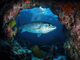 Silver Tarpon Swimming Through Coral Cave
