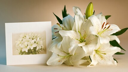Elegant white lily bouquet and matching card conveying sympathy and remembrance