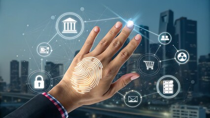 Innovative technology fingerprint scanning unlocks secure access to online banking and shopping, ensuring data protection and a seamless digital experience in the modern city