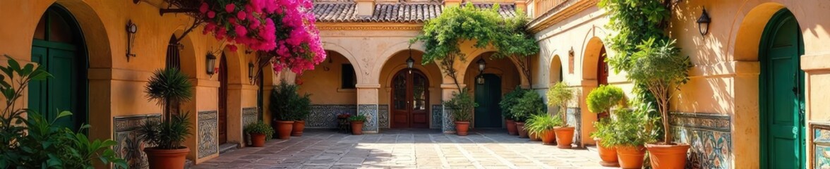 Naklejka premium A sun-drenched Andalusian courtyard, vibrant with blooming bougainvillea and intricate tilework, hinting at hidden folklore and ancient stories within its walls , old, magical, beauty