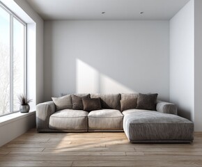A modern living room corner, featuring a light gray sectional sofa with brown accent pillows, bathed in natural light from a large window.