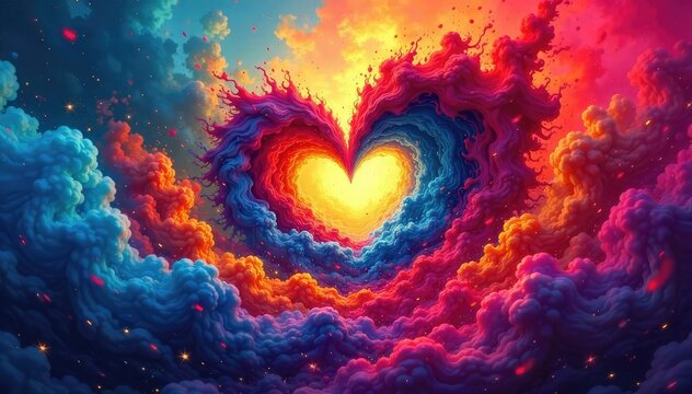 A swirling vortex of vibrant colors and abstract shapes symbolizes the chaotic yet beautiful nature of revolutionary love; a passionate and transformative force , swirl, chaotic
