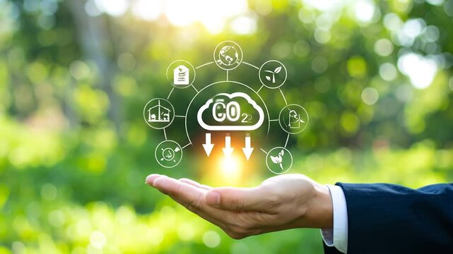 CO2 Reduction: Hand Holding Sustainable Energy Icons in Nature