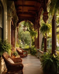 A sunlit porch with ornate columns and lush greenery.