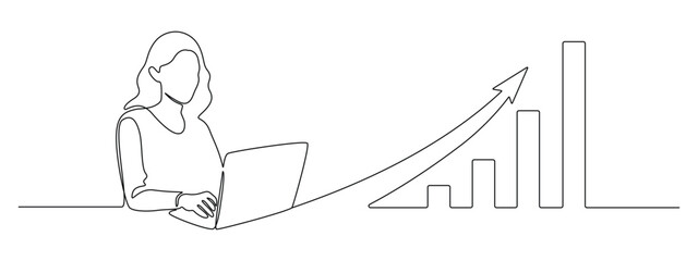 Woman with laptop computer in one continuous line drawing. Businesswoman and female student with growth chart in simple linear style. Searching concept in Editable stroke. Sketch vector illustration