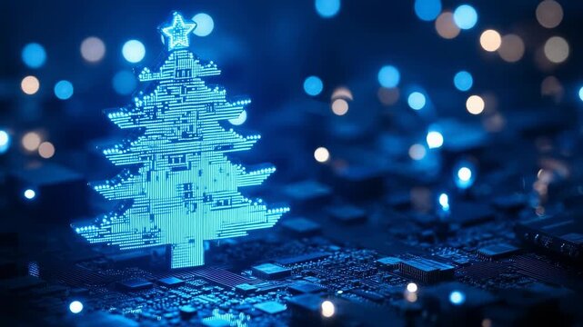 A Futuristic Digital Christmas Tree Illuminated by Sparkling Blue Lights, Set Against a High-Tech Circuit Board Background, Merging Festive Spirit with Technology - Powered by Adobe