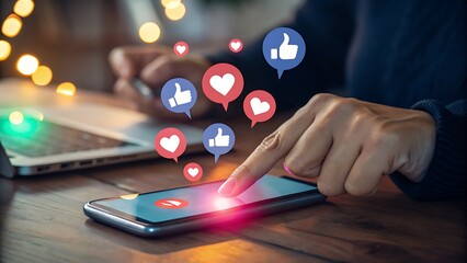 Person using a smartphone with social media icons floating above the screen, representing online engagement and digital interaction