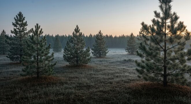 A misty dawn in a pine forest. A field of young pine trees in a light frost, bathed in early morning light