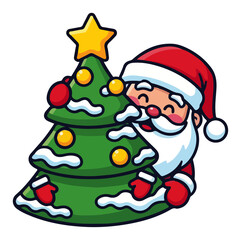 Cute Santa Claus Hiding Behind a Christmas Tree