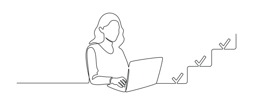 Woman with laptop computer in one continuous line drawing. Businesswoman and female student with check marks in simple linear style. Searching concept in Editable stroke. Sketch vector illustration