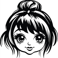 Adorable monochrome girl's face with expressive eyes and a stylish top bun hairstyle