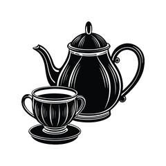 Black silhouette of vintage teapot and cup on saucer Keywords: teapot, cup, saucer, black