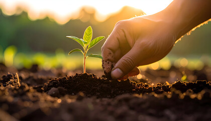 Fototapeta premium Planting a Seedling at Sunset: Hand Gently Placing Soil Around a Young Plant