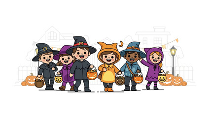 Happy Halloween Trick-or-Treaters: A joyful group of children, dressed in various Halloween costumes, stroll through a decorated neighborhood on Halloween night.