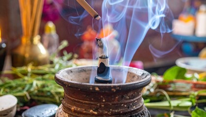 Atmospheric images of smudging rituals with burning sage bundles, incense smoke, and crystals. Mystical visuals symbolizing purification, cleansing, and spiritual protection. Perfect for esoteric, wel