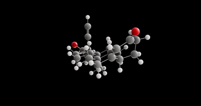 Norethindrone acetate molecule, rotating 3D model of progestin medication, looped video on a black background
