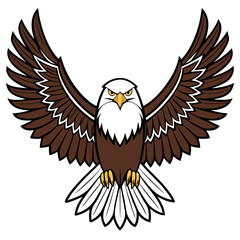 Fototapeta premium A majestic bald eagle soars its wings spread wide, feathers detailed in brown white, , its power grace