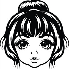 Cartoon girl with dark bun hairstyle stares with big eyes, rendered in monochrome