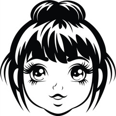 Animestyle girl's face shows big, expressive eyes and a stylish black bun