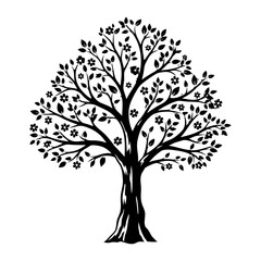 Obraz premium A detailed black white illustration of a flourishing tree intricate branches, leaves, blossoms, , natures beauty