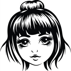 Elegant female face shows long eyelashes and a stylish bun in a monochrome portrayal