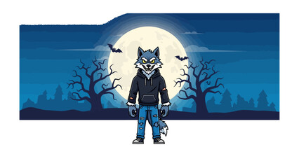 Urban Wolf at Midnight: A cartoon wolf, clad in urban attire, stands against a mesmerizing backdrop of a full moon and eerie trees, evoking a sense of mystery and night's allure. 