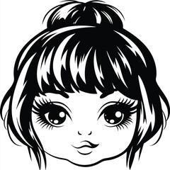Black and white stylized displays a girl with a bun and large eyes