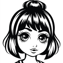 Charming manga woman's monochrome portrait features large expressive eyes and a stylish bun hairstyle