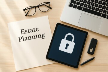Flat lay of estate planning document, digital tablet showing security padlock icon, and secure USB drive, representing secure digital estate planning, trust management, and protection of online legacy