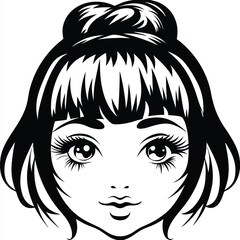Black and white sketch reveals a girl's detailed face with prominent eyes and a bun