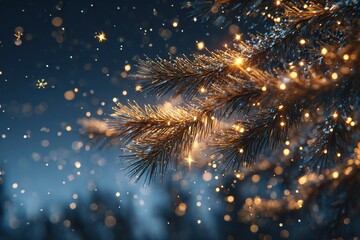 Sparkling lights on pine branches create a magical winter scene at night with falling snowflakes