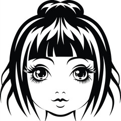 Front face illustration of a girl's eyes, lips, and hair in black and white
