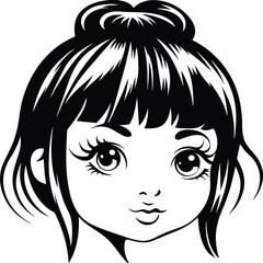 Black and white showing a cute girl with big eyes and hair bun