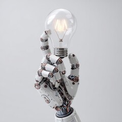 A white robotic hand holds a glowing lightbulb against a plain white background.  Detailed mechanical joints and intricate structure are visible in the hand. The lightbulb illuminates brightly