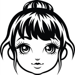 Black outline illustrates a cute girl with big eyes and a top bun hairstyle