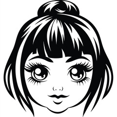 Cute black haired girl with big eyes stares innocently in monochrome style