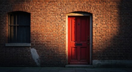 Fototapeta premium A red door and brick wall at dusk. Sunlight casts a shadow on the door