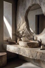 Rustic stone sink in a modern bathroom.