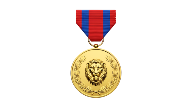 Gold medal with lion head design and red and blue ribbon isolated PNG with Transparent Background