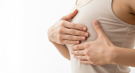 Woman hand breast patch skin health prevention medical care beige tank top female adult closeup touch examination awareness wellness therapy adhesive chest protection support healthcare safety