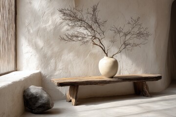 A simple, rustic interior scene with natural elements.
