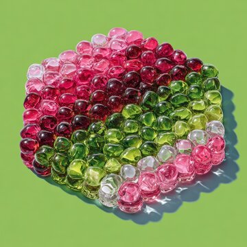 Colorful, translucent, gem-like spheres arranged in a square pattern