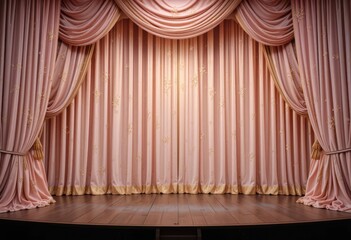 Romantic Golden Stage  A Pale Pink Velvet Curtain Adorned with Gold Floral Motifs in a Charming Theatrical Setting