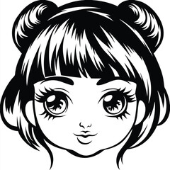 Black and white anime girl with space buns and bangs looks cute