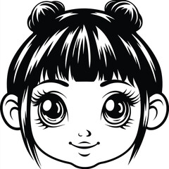 Black and white manga girl with large eyes smiles sweetly in a cartoon style