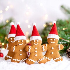 Four gingerbread men in red Santa hats, decorated with icing, sitting in snow, festive background