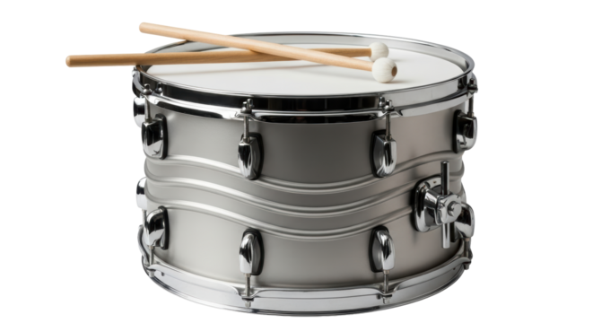 Isolated snare drum with drumsticks instrument musical equipment percussion kit closeup.