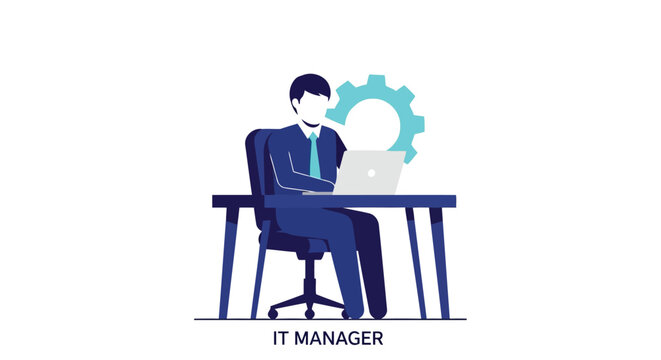 Vector illustration of it manager working on laptop at desk concept of information technology management, support, and consulting services