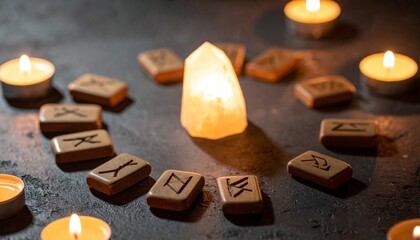 Mystical still lifes with carved rune stones, arranged on dark backgrounds with candles, herbs, and crystals. Atmospheric visuals that symbolize ancient wisdom, divination, and esoteric rituals