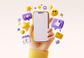 Hand holding a smartphone surrounded by colorful social media icons